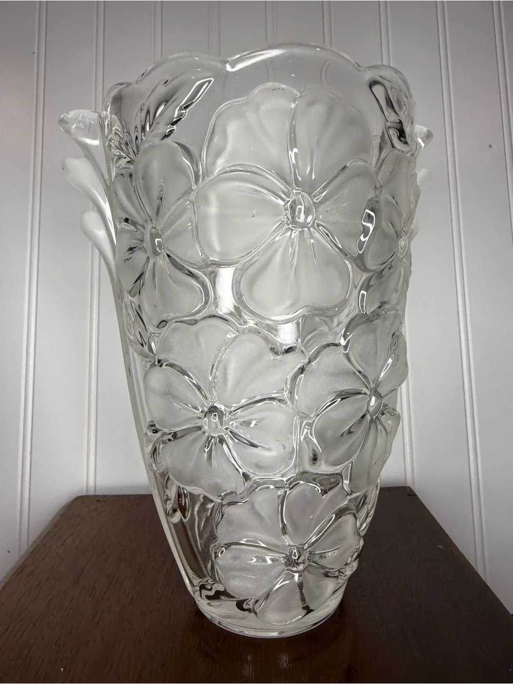 9.5” Studio Nova Frosted Pansy Bouquet Frosted Clear Glass Vase Winged Handles
